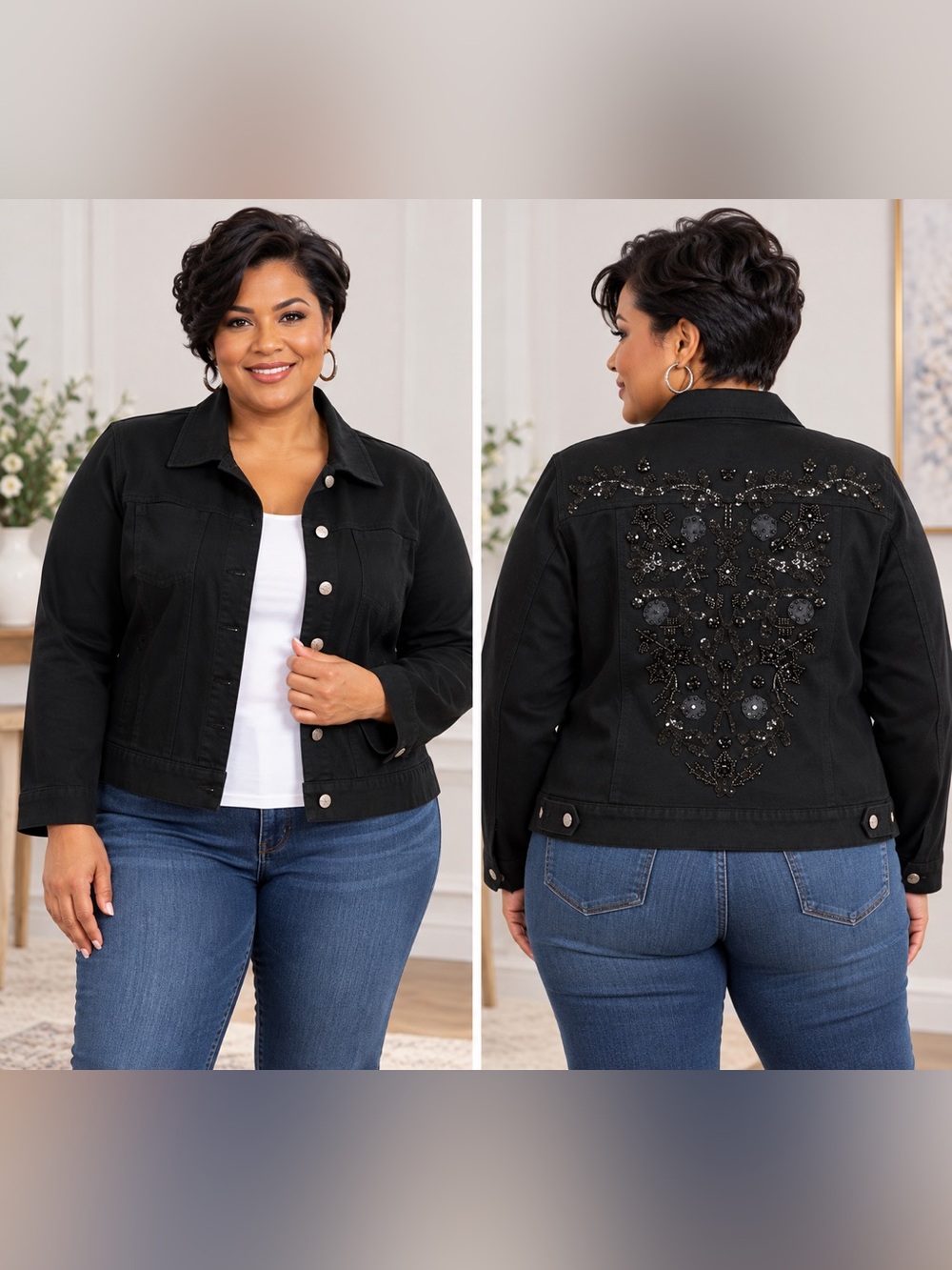 Chico’s Design Jacket Size 3 (XL 16/18) Black Embellished Sequin Beaded